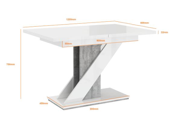 Meva nagyobbítható asztal magasfényű fehér/beton szürke, 80x120/160 cm