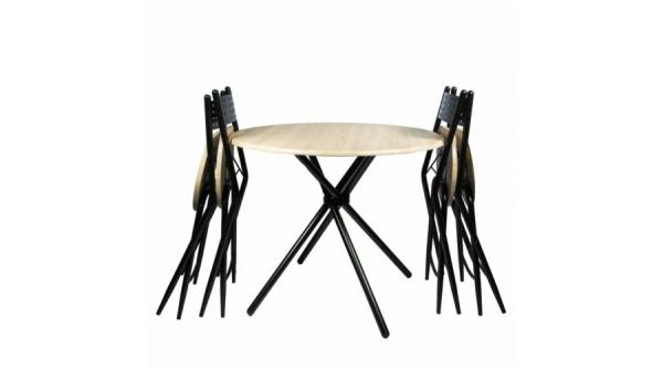Kaliope 5 részes étkezőgarnitúra (1 asztal   4 szék)  fekete fém láb, natúr lap