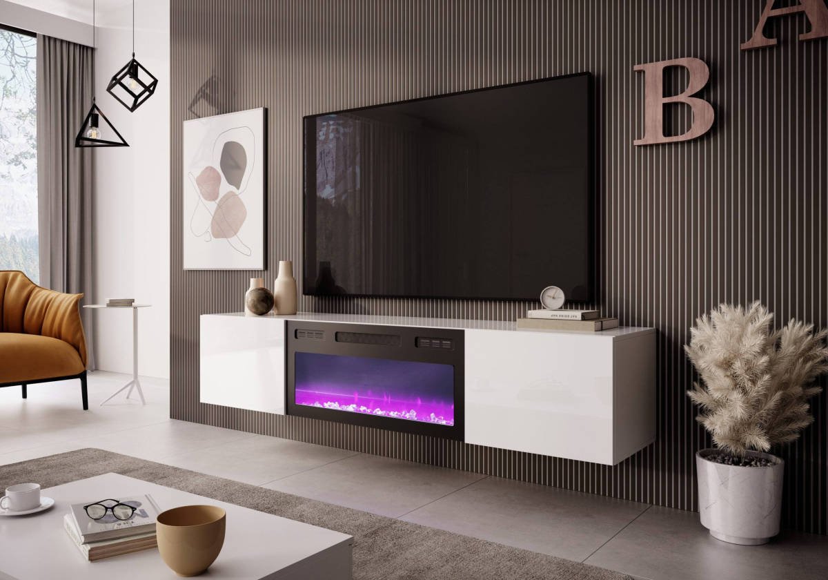 Livo Rtv-180W-K függő TV szekrény, beépített kandallóval, fehér színben