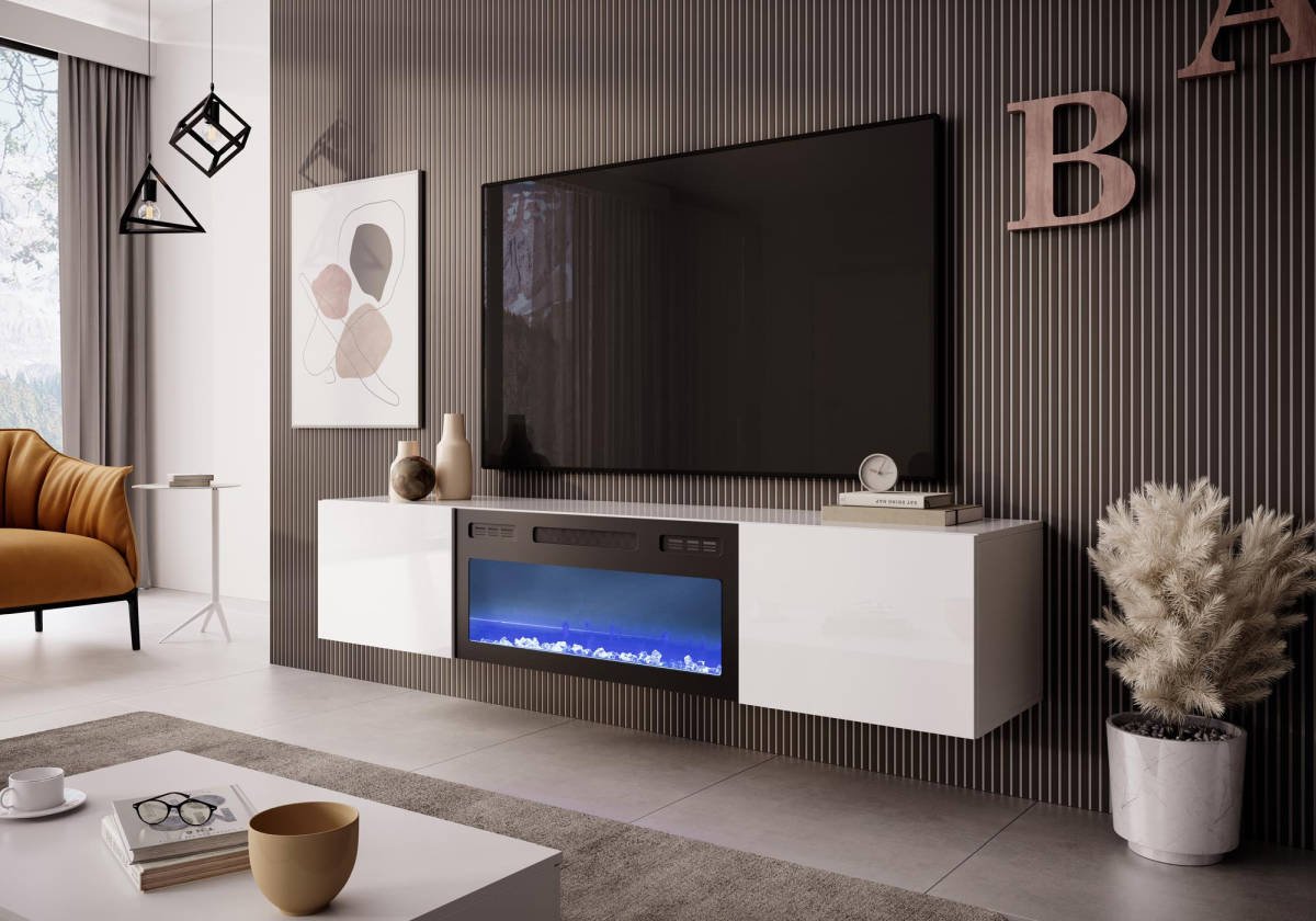 Livo Rtv-180W-K függő TV szekrény, beépített kandallóval, fehér színben - Image 7