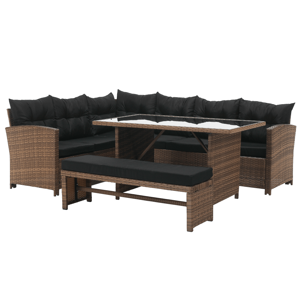 Kerti rattan szett, világosbarna/fekete, Madul kültéri garnitúra, 229 × 174 × 85 cm