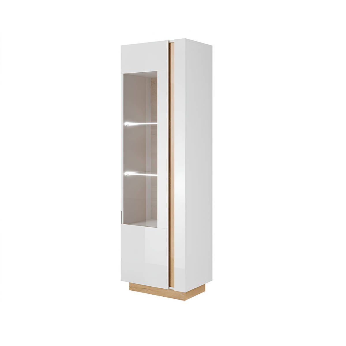 Magas vitrines szekrény 60, fehér/tölgy grandson/magasfényű fehér, City