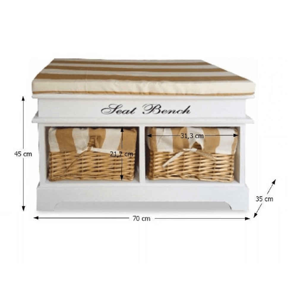 Lóca párnával, 2 kosár, fehér/mézes/minta, Seat Bench 4, 35 × 70 × 45 cm