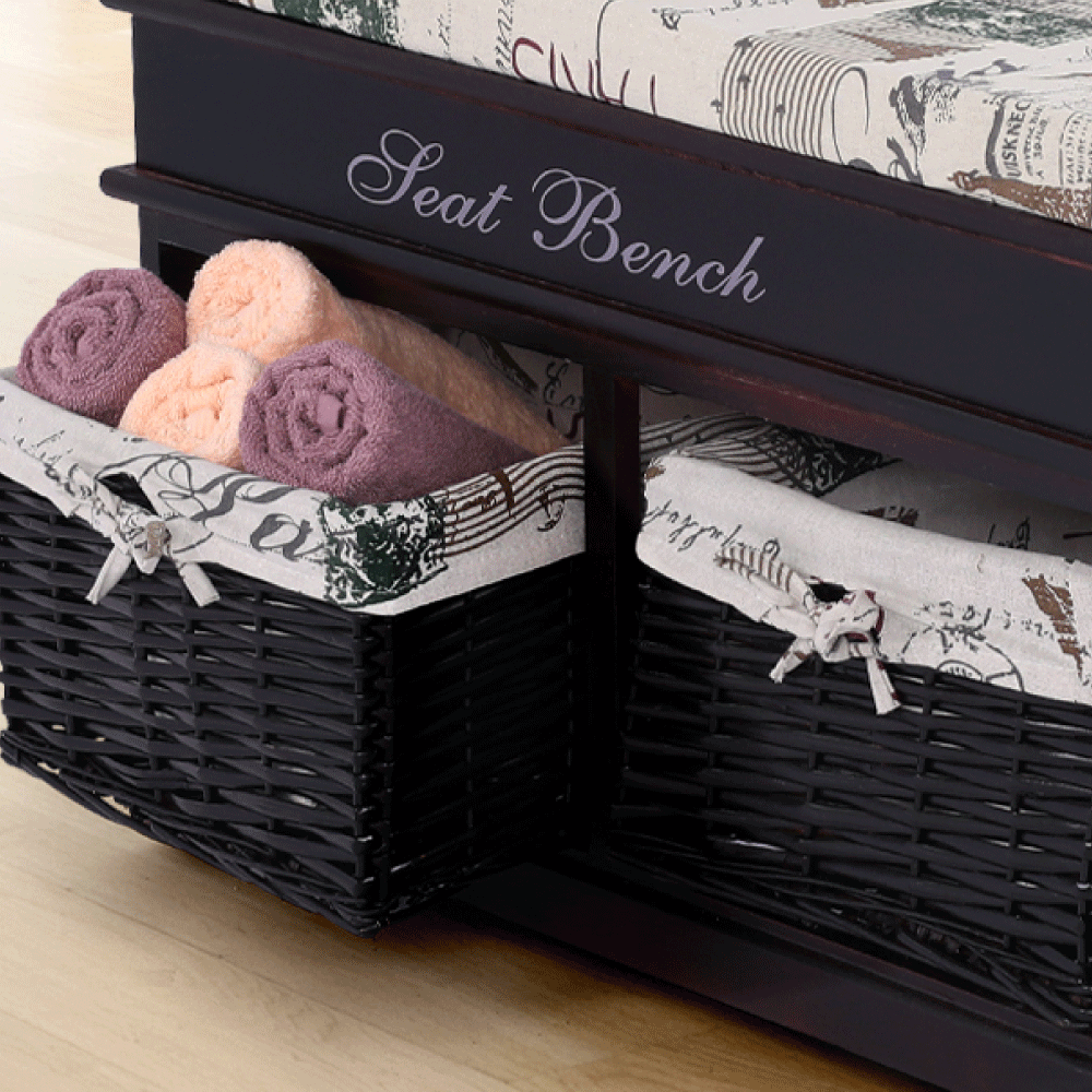 Lóca párnával, 2 kosár, sötétbarna/bézs/minta, Seat Bench 3, 35 × 70 × 45 cm - Image 12