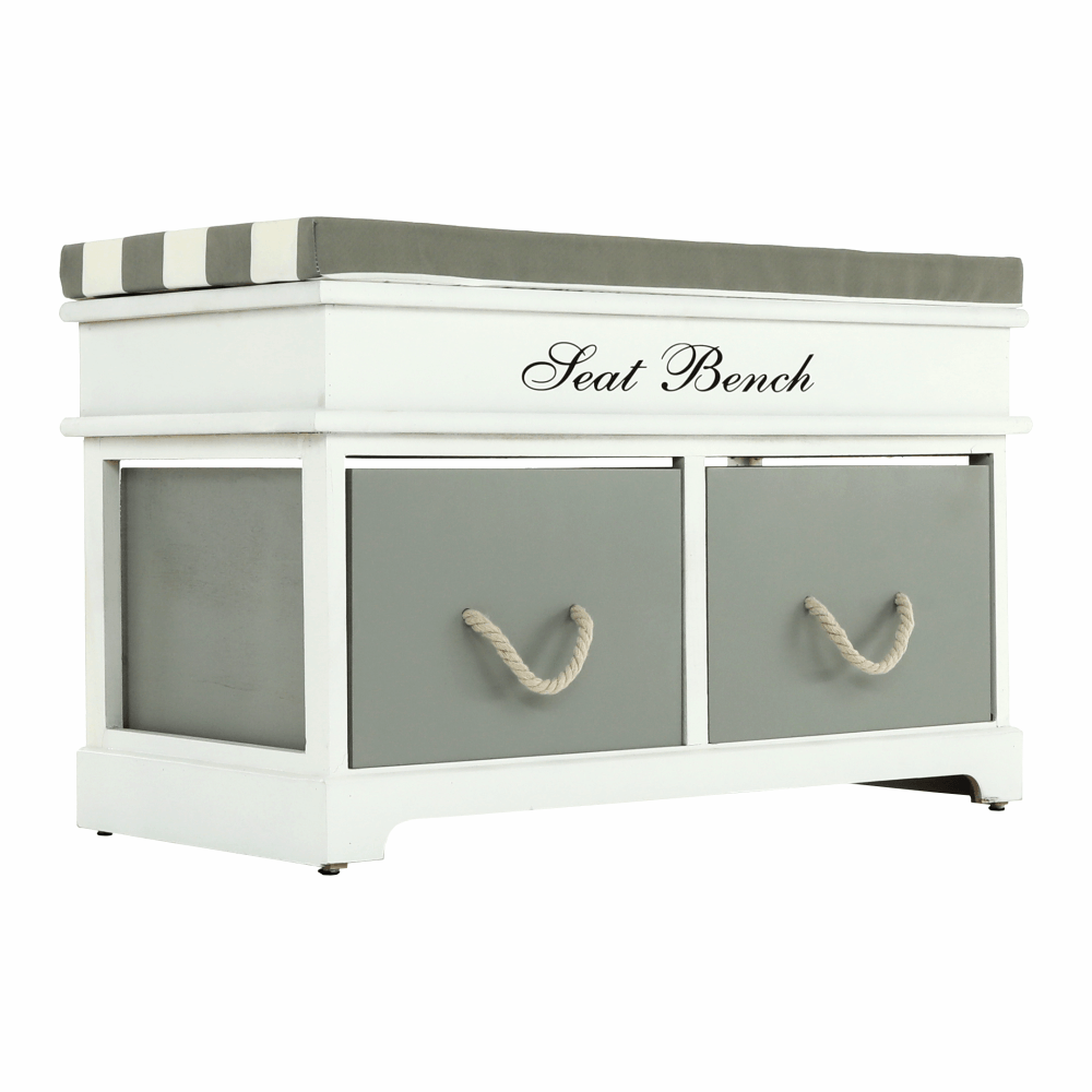 Lóca párnával, 2 fiók, fehér/szürke, Seat Bench 2 New, 35 × 70 × 45 cm