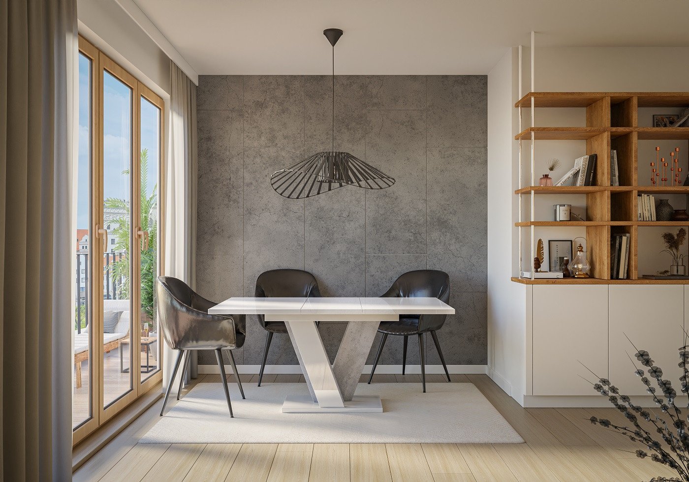 Viney nagyobbítható étkezőasztal magasfényű fehér / beton kivitelben - Image 3